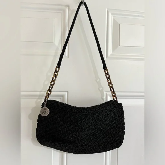 The Sak Black Crochet Flap Snap Closure Faux Tortoise Links Shoulder Mini Bag - Picture 5 of 11